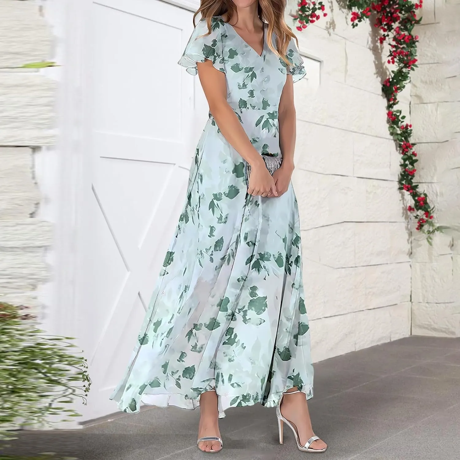 Floral Maxi Dresses for Women 2024 Casual Short Ruffle Sleeve V Neck Boho Dress Ruffle Hem Flowy Dress