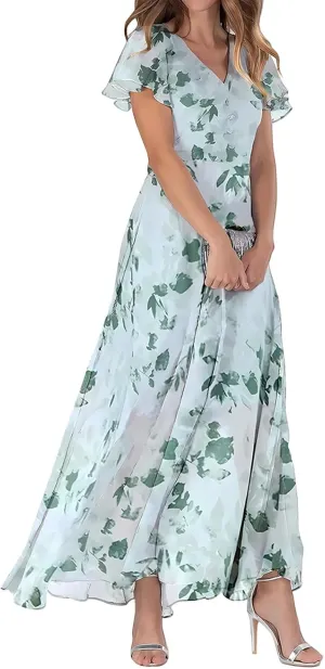 Floral Maxi Dresses for Women 2024 Casual Short Ruffle Sleeve V Neck Boho Dress Ruffle Hem Flowy Dress