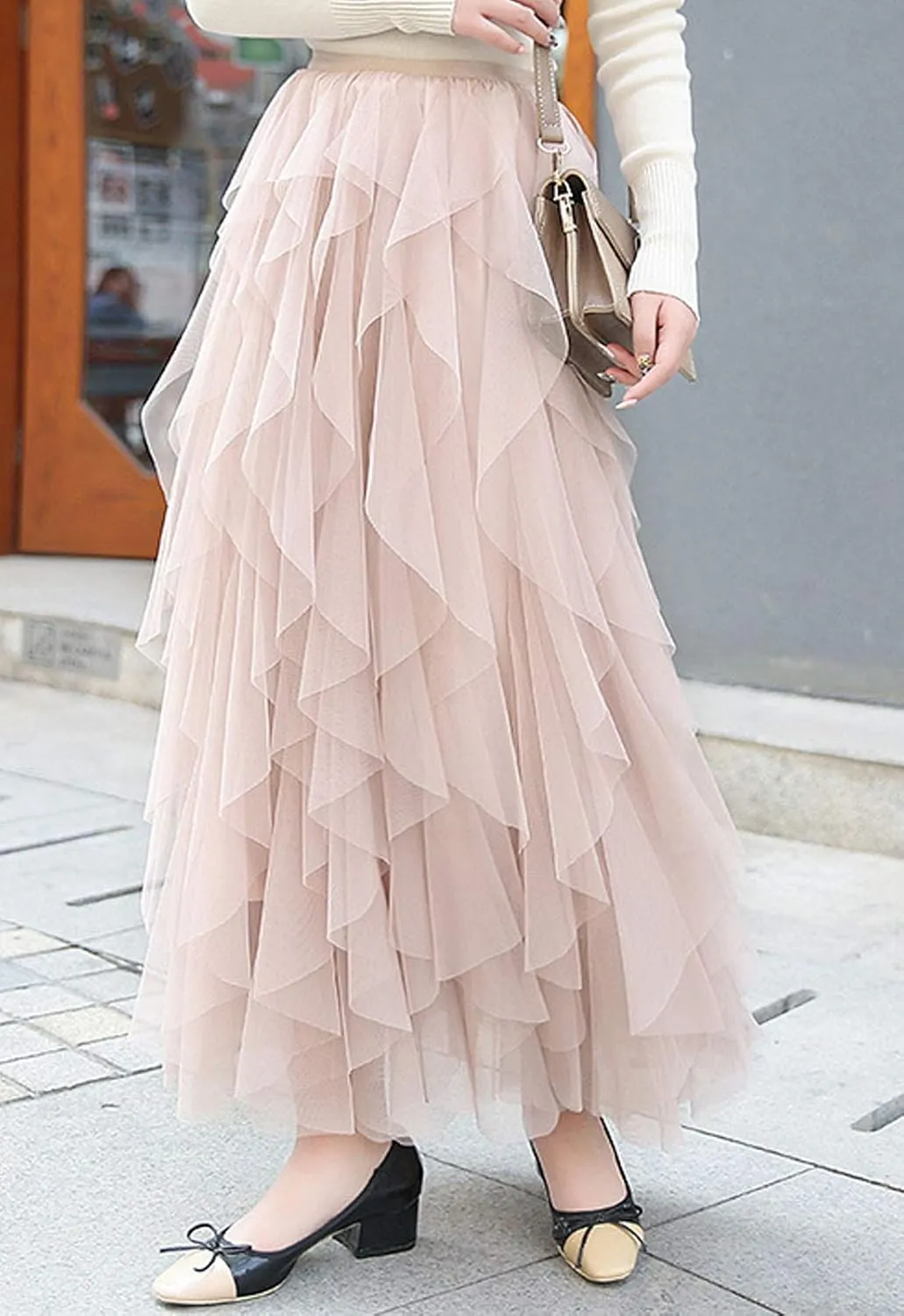 Flygo Women's Elastic Waist Tulle Ruffle Prom Party Layered Tiered Irregular Mesh Maxi Long Skirt