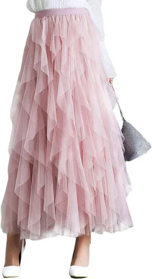 Flygo Women's Elastic Waist Tulle Ruffle Prom Party Layered Tiered Irregular Mesh Maxi Long Skirt