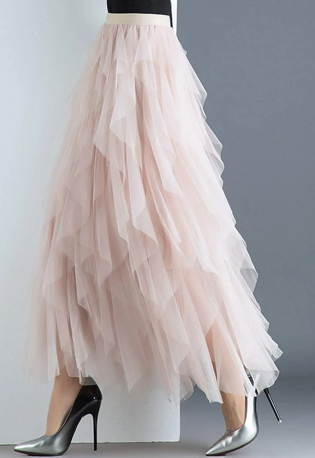 Flygo Women's Elastic Waist Tulle Ruffle Prom Party Layered Tiered Irregular Mesh Maxi Long Skirt