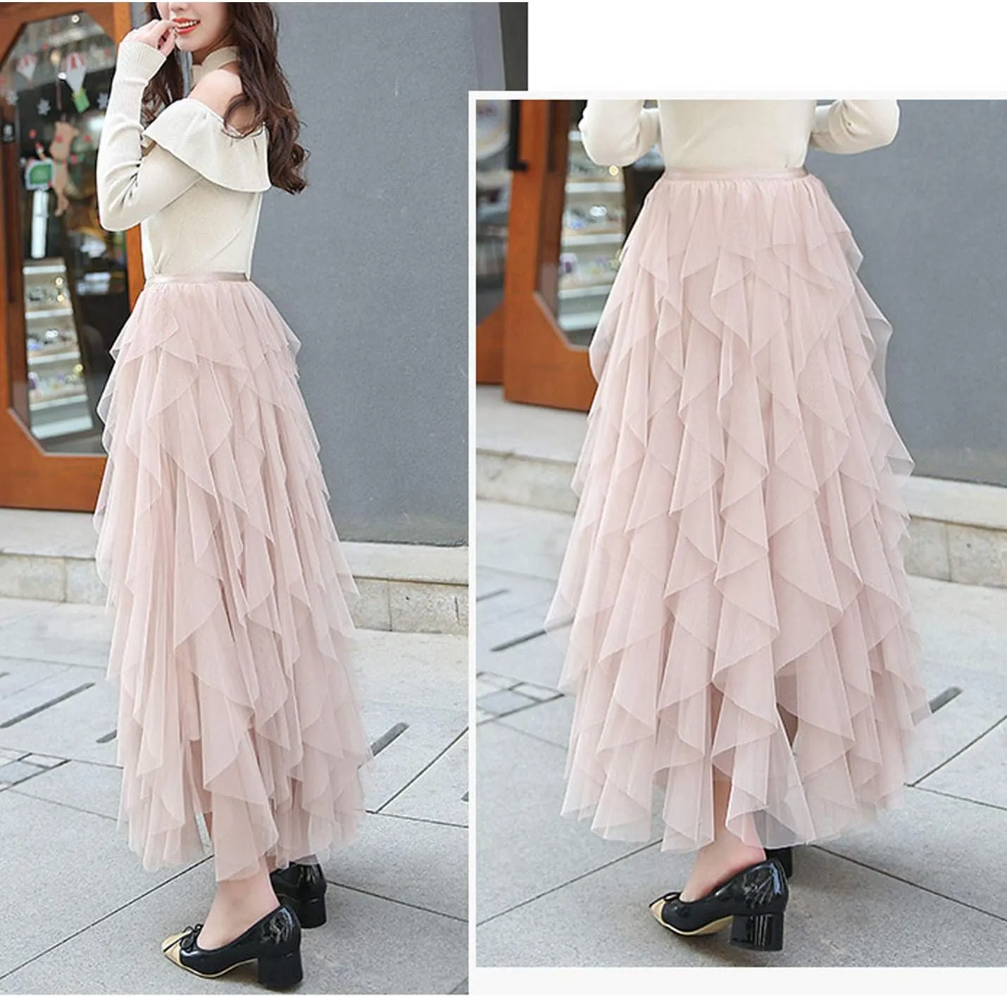 Flygo Women's Elastic Waist Tulle Ruffle Prom Party Layered Tiered Irregular Mesh Maxi Long Skirt