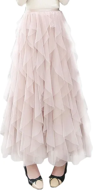 Flygo Women's Elastic Waist Tulle Ruffle Prom Party Layered Tiered Irregular Mesh Maxi Long Skirt
