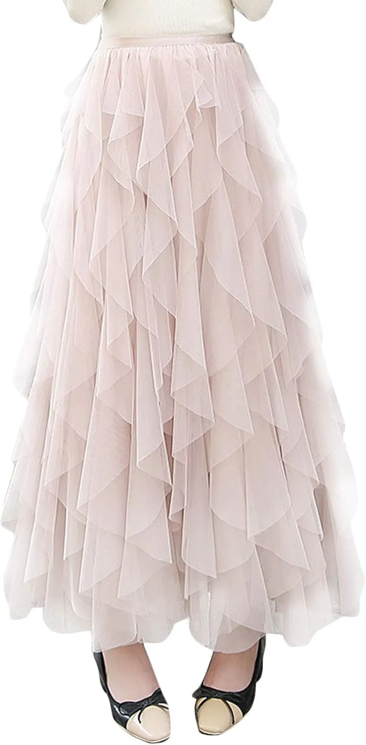 Flygo Women's Elastic Waist Tulle Ruffle Prom Party Layered Tiered Irregular Mesh Maxi Long Skirt