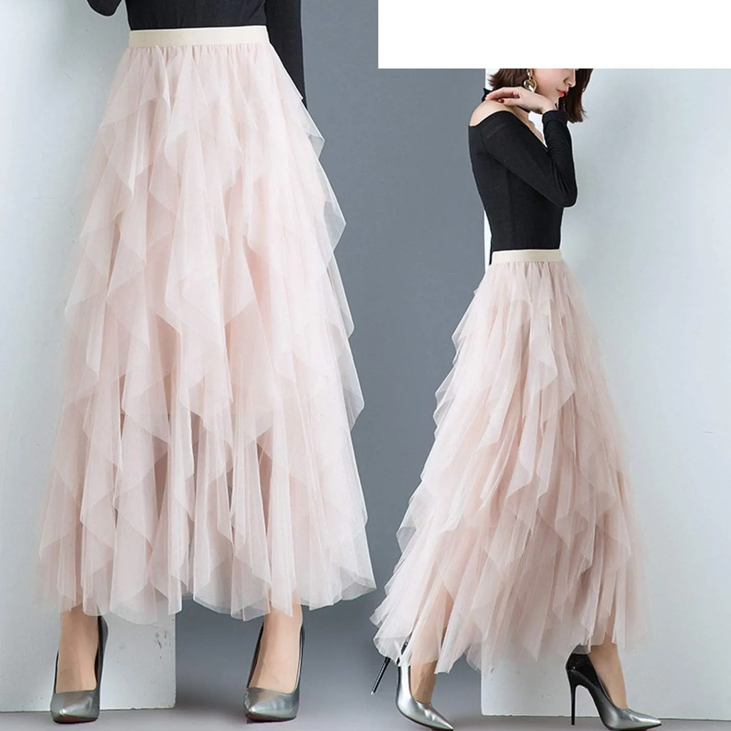 Flygo Women's Elastic Waist Tulle Ruffle Prom Party Layered Tiered Irregular Mesh Maxi Long Skirt