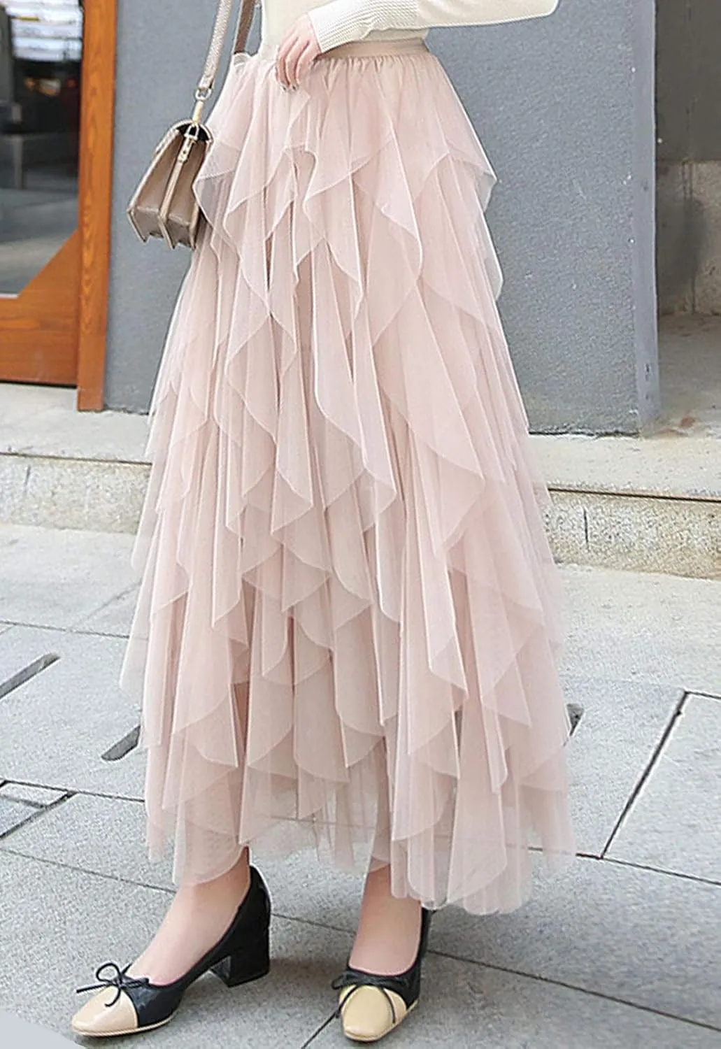 Flygo Women's Elastic Waist Tulle Ruffle Prom Party Layered Tiered Irregular Mesh Maxi Long Skirt