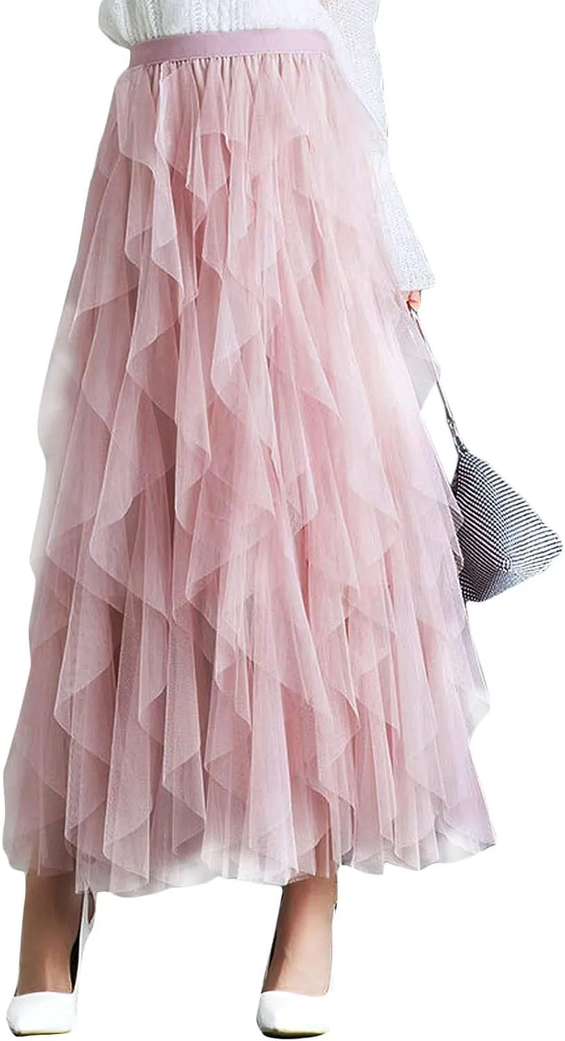 Flygo Women's Elastic Waist Tulle Ruffle Prom Party Layered Tiered Irregular Mesh Maxi Long Skirt