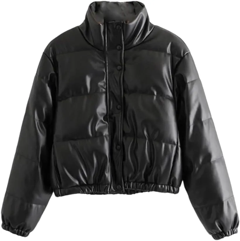 Fnfmrfmr Women Winter Warm Thick PU Leather Coats Short Parkas Black Cotton Padded Down Zipper Jacket
