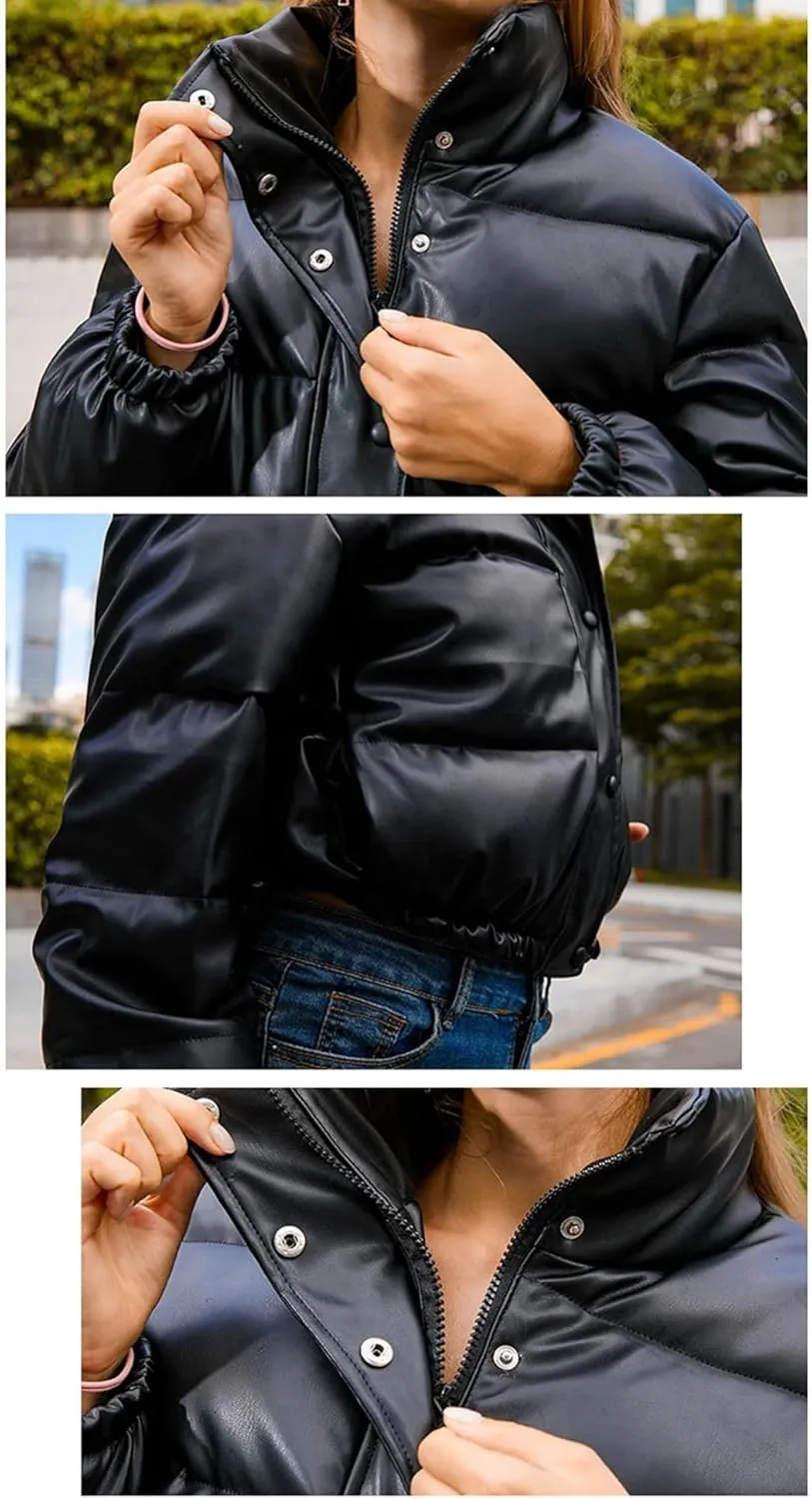 Fnfmrfmr Women Winter Warm Thick PU Leather Coats Short Parkas Black Cotton Padded Down Zipper Jacket