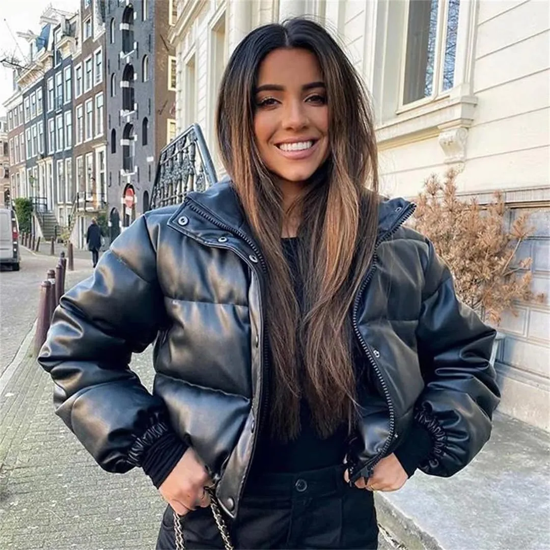 Fnfmrfmr Women Winter Warm Thick PU Leather Coats Short Parkas Black Cotton Padded Down Zipper Jacket