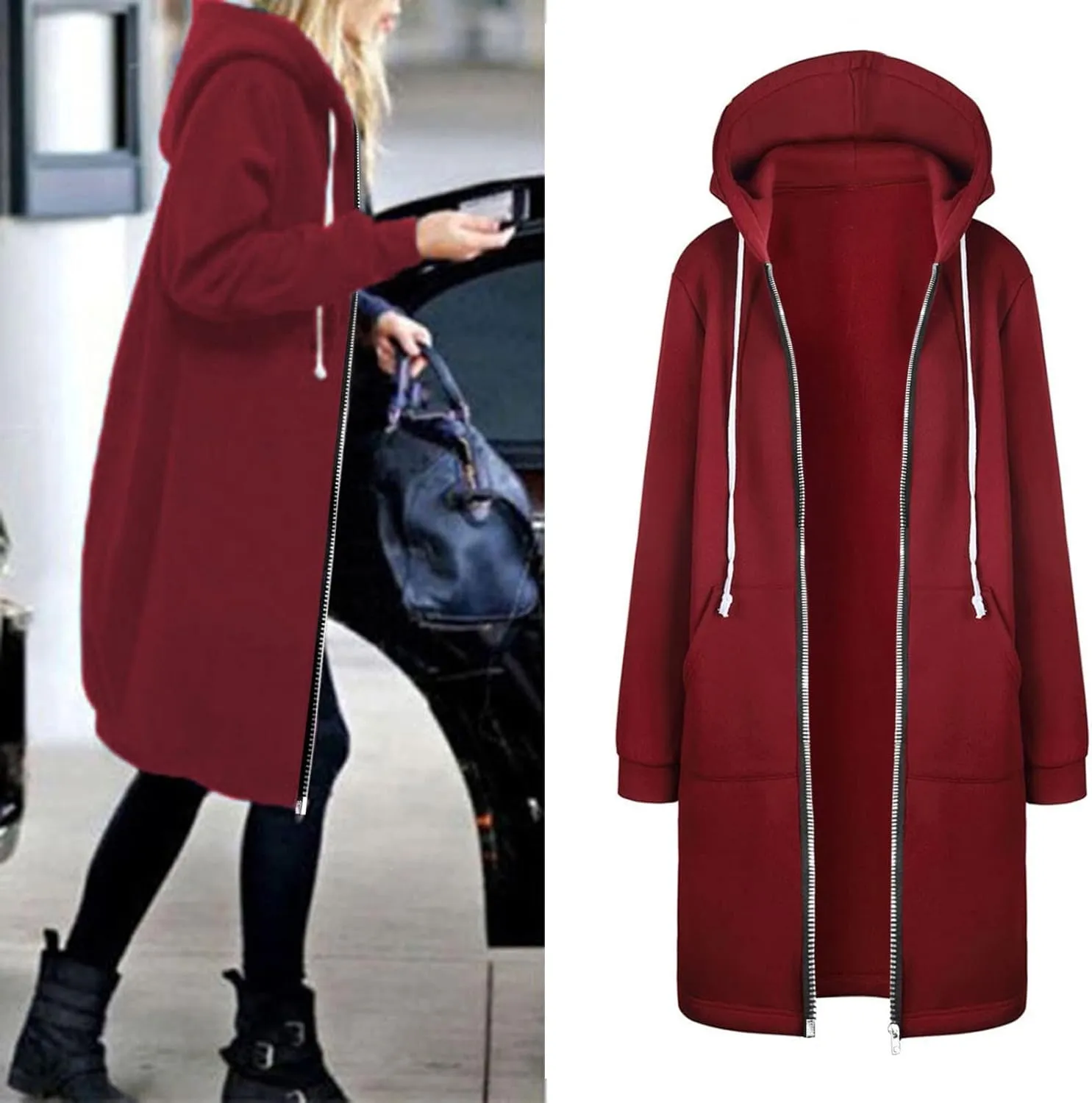 Full Zip Up Hoodies for Women Lightweight Long Sleeve Long Tunic Sweatshirt Oversize Casual Loose Outdoor Jackets Pockets