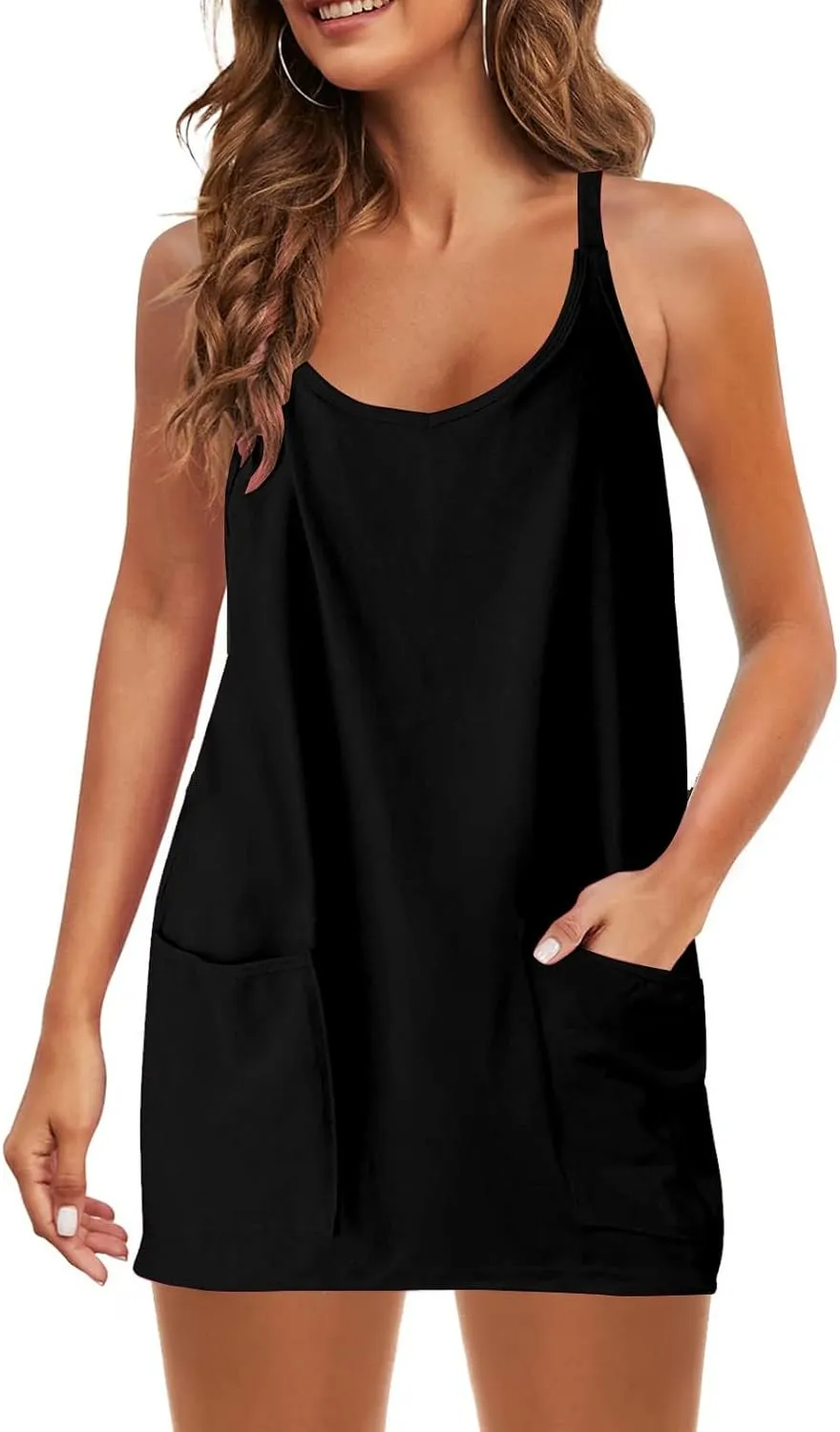 FZVYD Womens Summer Dresses Sleeveless Mini Dress U Neck Spaghetti Strap Sundress Athletic Basic Short Dress with Pockets