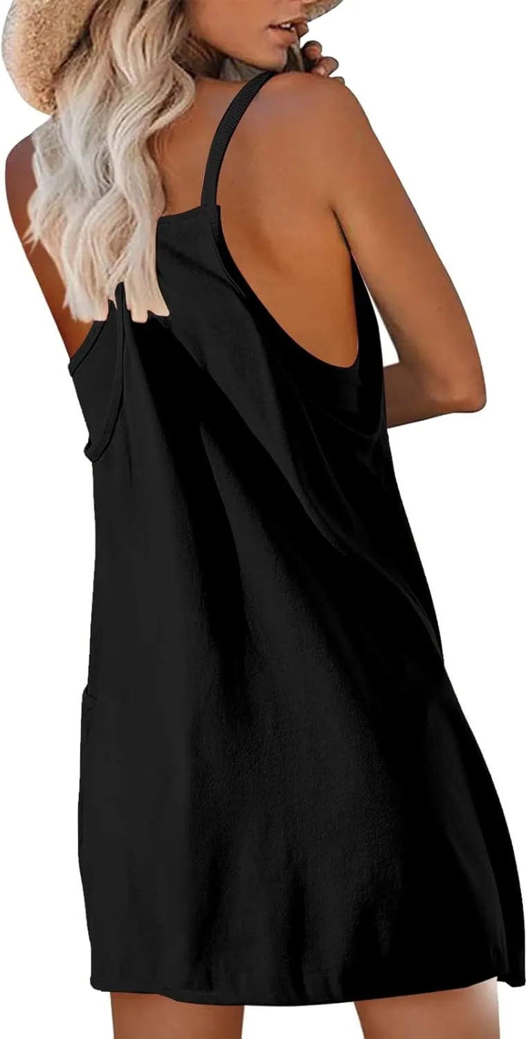 FZVYD Womens Summer Dresses Sleeveless Mini Dress U Neck Spaghetti Strap Sundress Athletic Basic Short Dress with Pockets