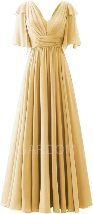 GARDOM Ruffle Sleeves Bridesmaid Dress for Wedding V Neck Chiffon Long Maxi Formal Dresses Wedding Evening Party Gowns