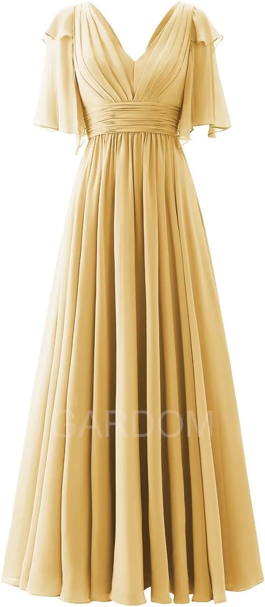 GARDOM Ruffle Sleeves Bridesmaid Dress for Wedding V Neck Chiffon Long Maxi Formal Dresses Wedding Evening Party Gowns