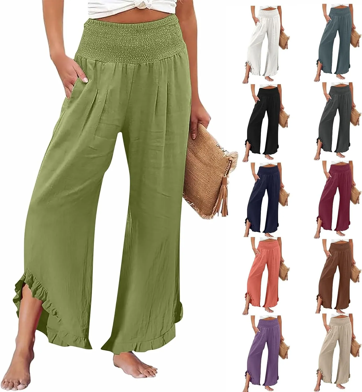 GOKKILRW Women Linen Pants Summer Wide Leg Beach Capris Lightweight High Waist Ruffle Flowy Palazzo Pant Boho Casual Trousers