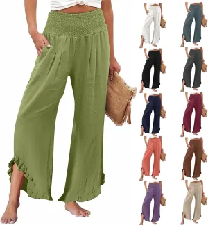 GOKKILRW Women Linen Pants Summer Wide Leg Beach Capris Lightweight High Waist Ruffle Flowy Palazzo Pant Boho Casual Trousers