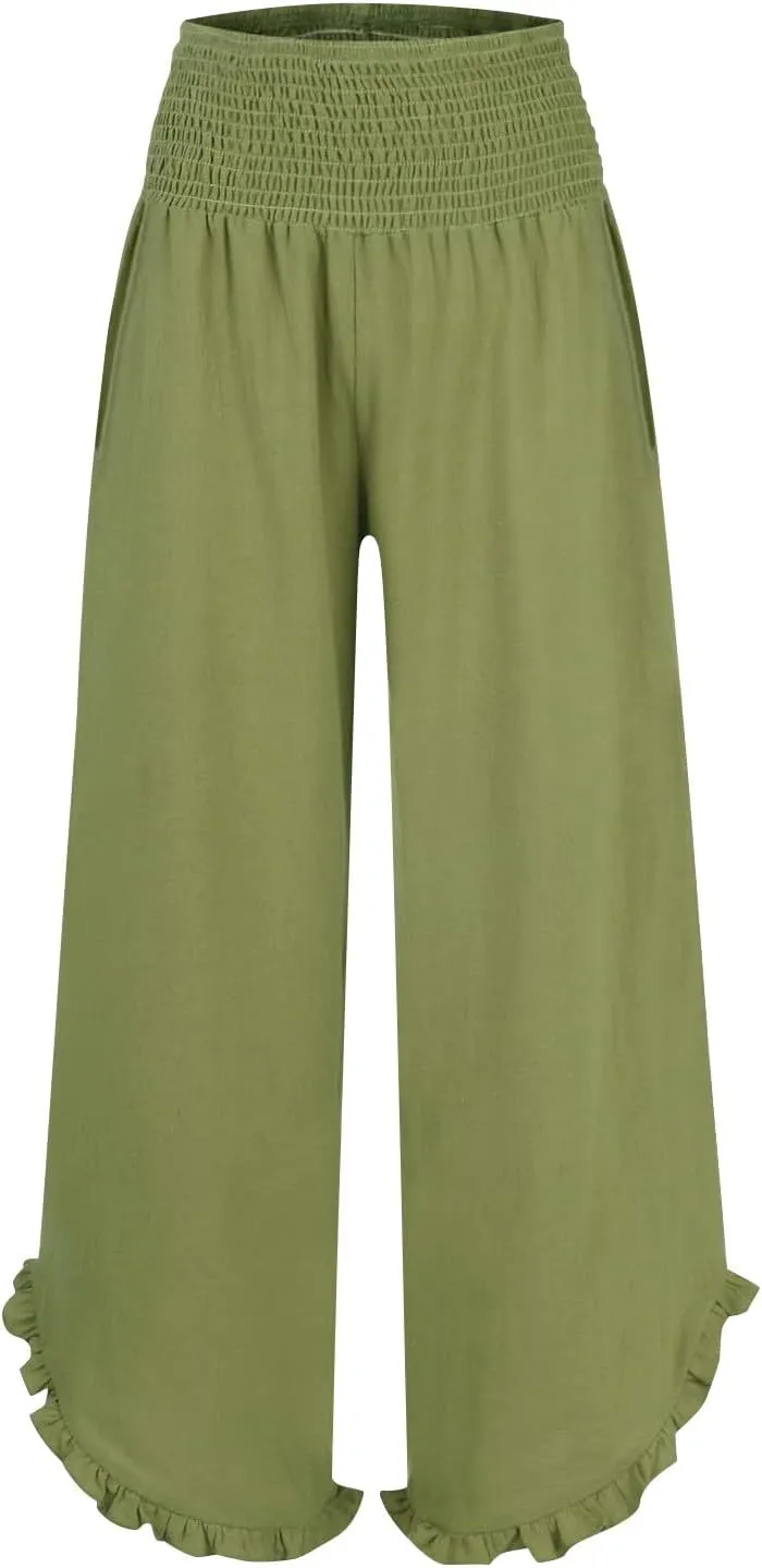 GOKKILRW Women Linen Pants Summer Wide Leg Beach Capris Lightweight High Waist Ruffle Flowy Palazzo Pant Boho Casual Trousers