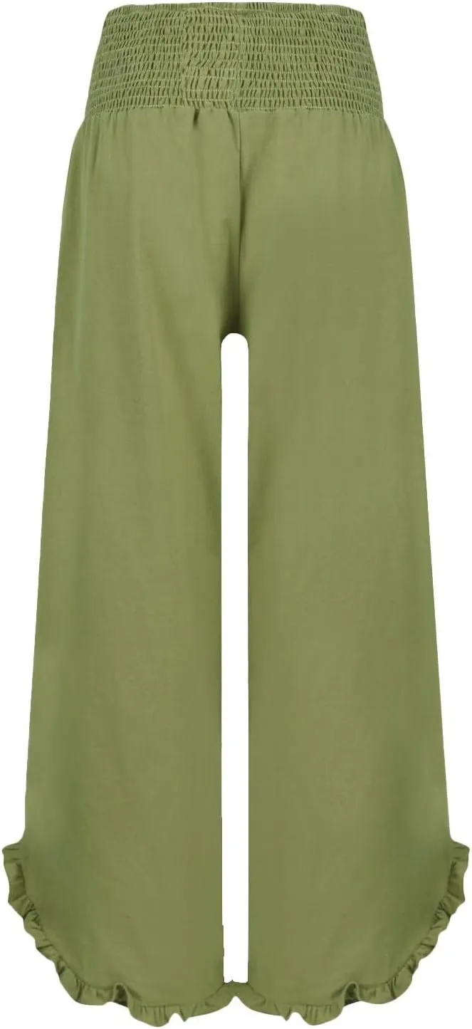 GOKKILRW Women Linen Pants Summer Wide Leg Beach Capris Lightweight High Waist Ruffle Flowy Palazzo Pant Boho Casual Trousers