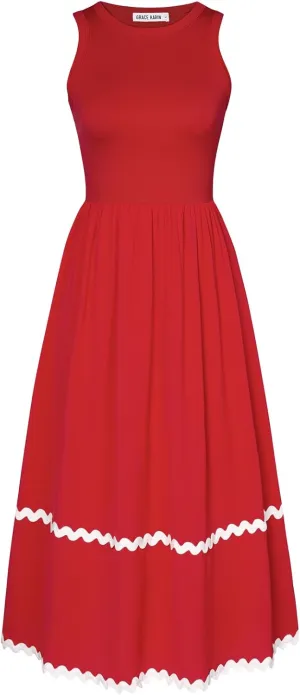 GRACE KARIN Womens Casual Summer Dress Tank Dress RIC Rac Sun Dress with Pockets A Line Midi Flowy Beach Dress