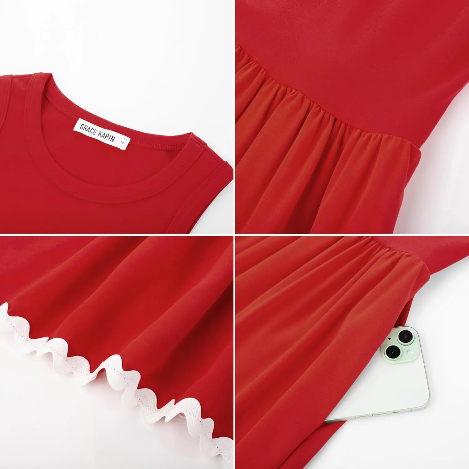 GRACE KARIN Womens Casual Summer Dress Tank Dress RIC Rac Sun Dress with Pockets A Line Midi Flowy Beach Dress