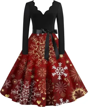 Halloween Dresses for Women Long Sleeve V Neck Vintage Print Costumes 1950s Fall Cocktail Dresses
