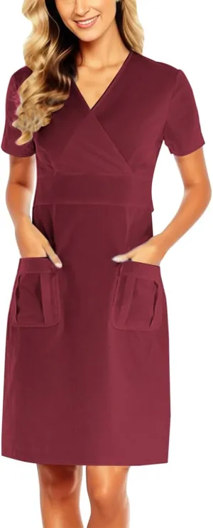 Holiday Scrub Dress for Women V Neck Short Sleeve Working Uniform Solid Color Summer Nurse Scrubs with Pocket Workwear