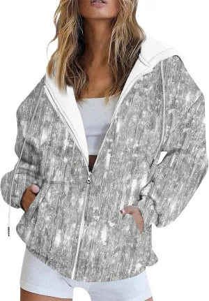 Hoodies for Women Stylish Zip Up Hoodie Long Sleeve Print Sweatshirts Casual Fashion Jackets with Pocket Fall Outfits