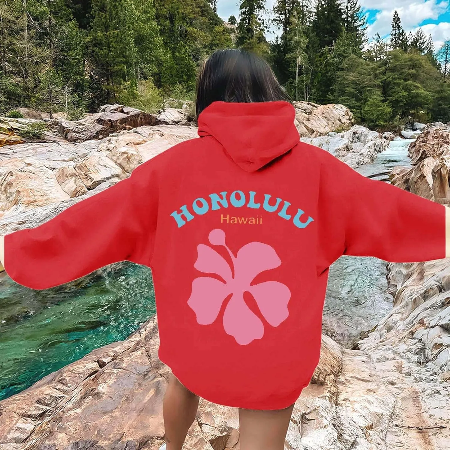 Hoodies Sweatshirt for Women Graphic Trendy Cute Y2K Clothes Girls Pullover Oversized Pink Palm Puff Preppy Hoodies