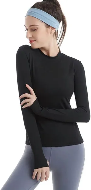 HSQMA Yoga Shirt for Women,Long Sleeve Workout Shirts,Elastic Quick Dry Small Stand Collar Long Sleeve Thumb Hole T-Shirt (Color : Black/, Size : S/)