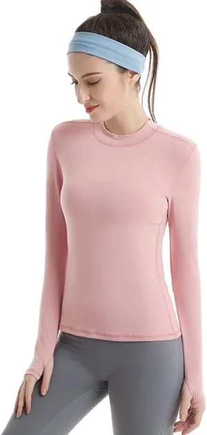 HSQMA Yoga Shirt for Women,Long Sleeve Workout Shirts,Elastic Quick Dry Small Stand Collar Long Sleeve Thumb Hole T-Shirt (Color : Pink, Size : S/)