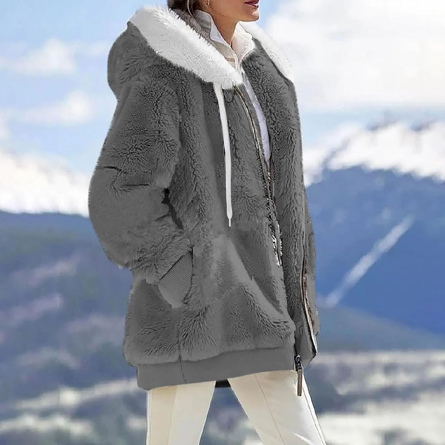 HXHYQKP Womens Fleece Zip Up Jacket Winter Coats Plus Size Jacket Hoodies Plush Warm Fuzzy Coat with Pockets