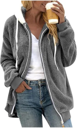 HXHYQKP Womens Fleece Zip Up Jacket Winter Coats Plus Size Jacket Hoodies Plush Warm Fuzzy Coat with Pockets