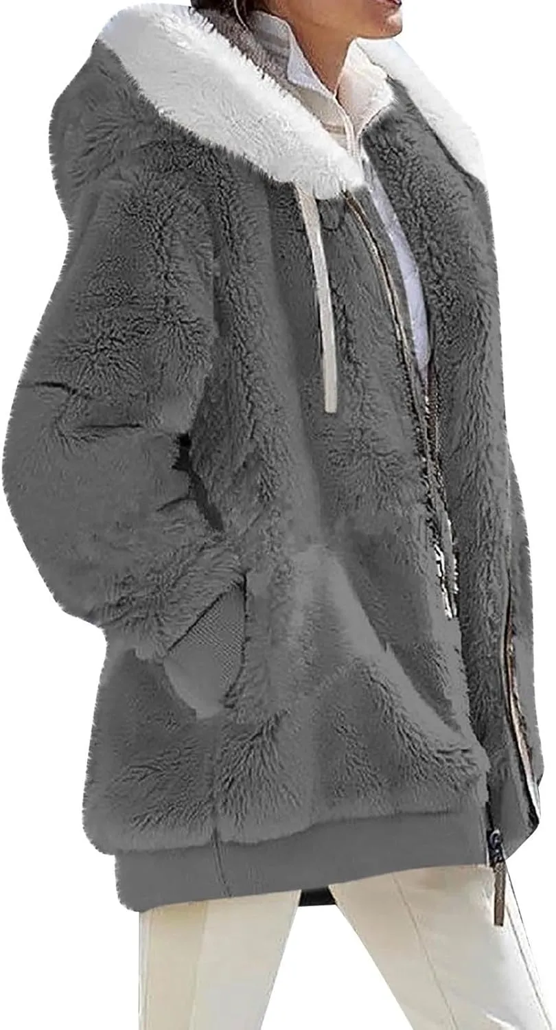 HXHYQKP Womens Fleece Zip Up Jacket Winter Coats Plus Size Jacket Hoodies Plush Warm Fuzzy Coat with Pockets