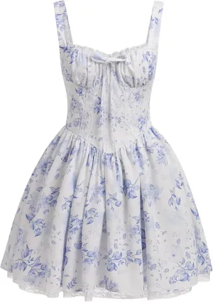 IBTOM CASTLE Corset Mini Dress for Women: Boho Summer Floral Dress Sleeveless Spaghetti Straps Backless Dress Lace Up Sundress Cottagecore Ruffle Short Beach Bustier Dresses White & Blue Floral L