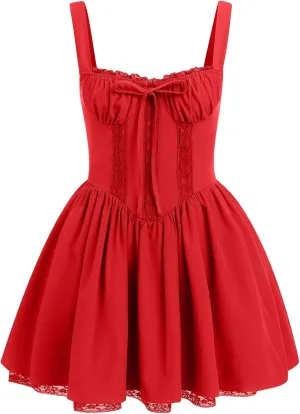 IBTOM CASTLE Corset Mini Dress for Women: Ladeis Sexy Boho Summer Floral Dress Sleeveless Spaghetti Straps Backless Casual Dress Lace Up Sundress Cottagecore Ruffle Short Beach Bustier Dresses Red M