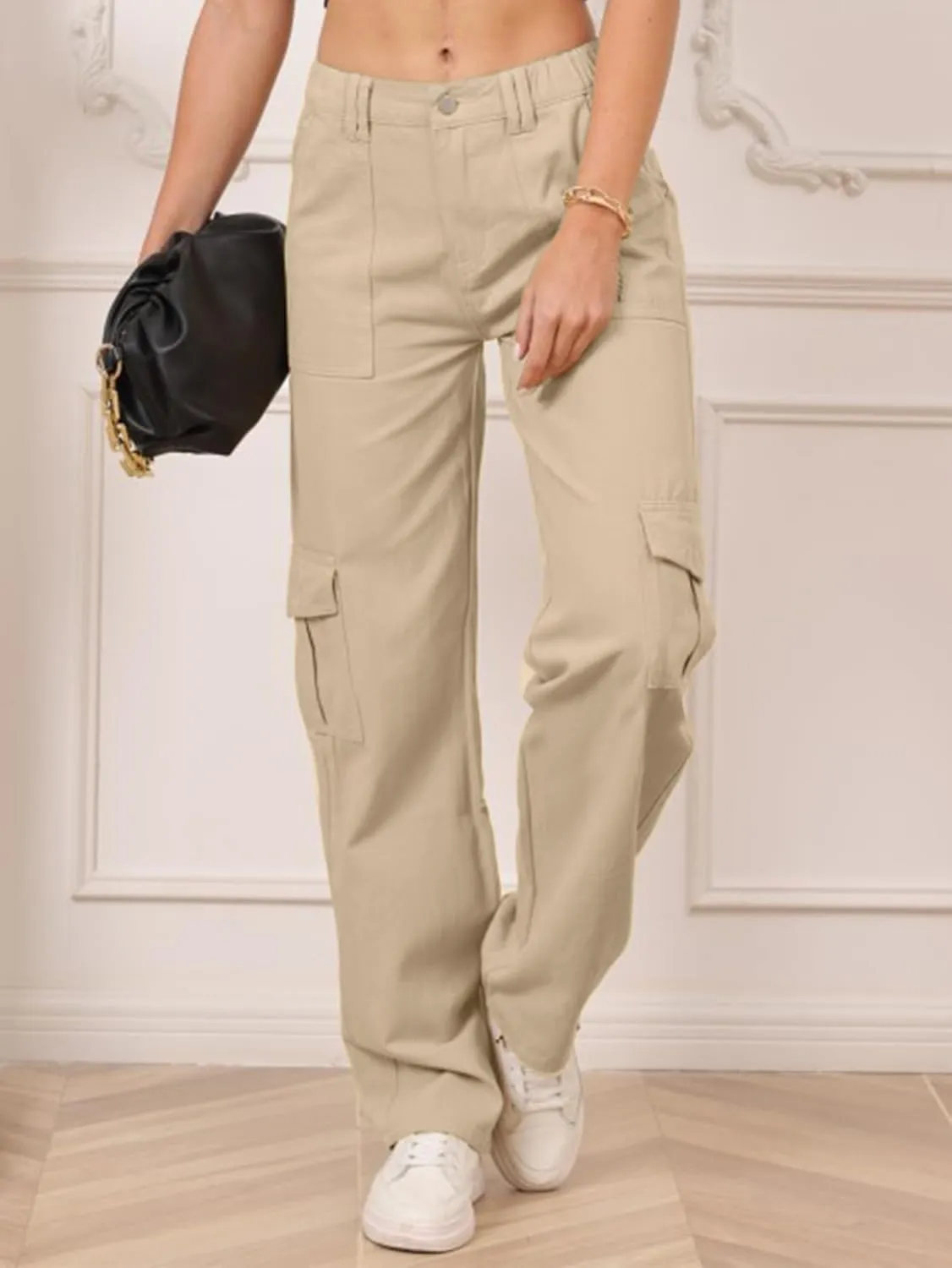 IFFEI Womens Cargo Pants High Waisted Wide Leg Trousers Baggy Multiple Pockets Hiking Pants