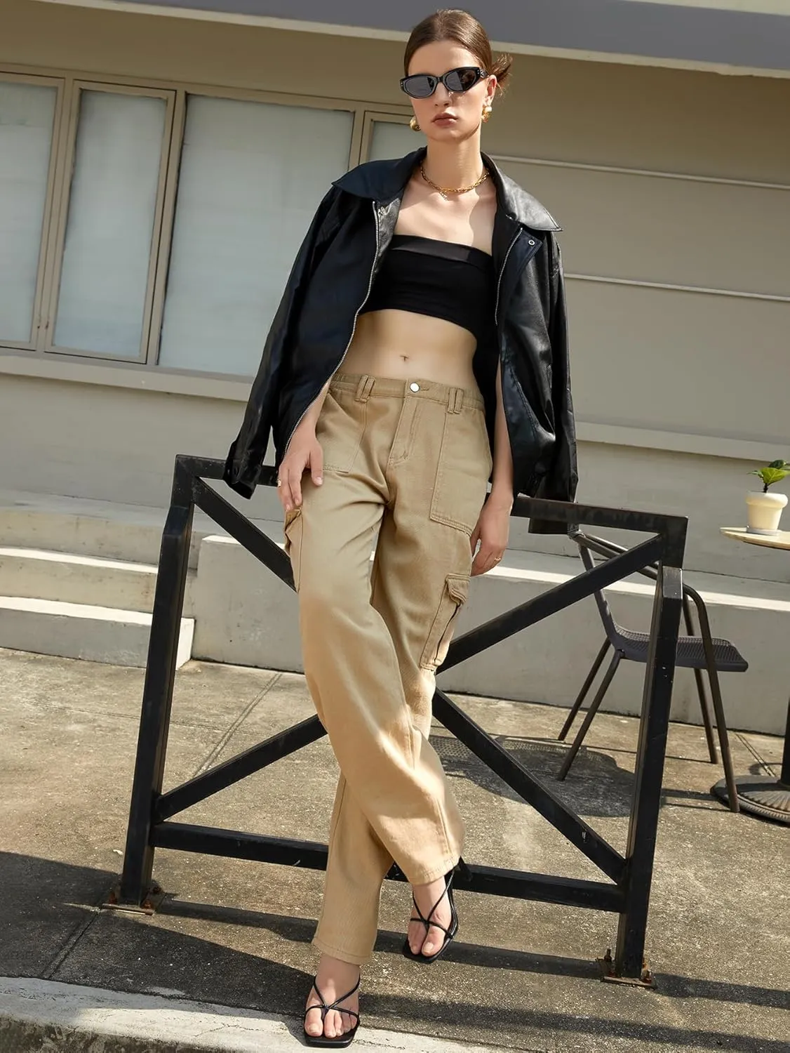 IFFEI Womens Cargo Pants High Waisted Wide Leg Trousers Baggy Multiple Pockets Hiking Pants