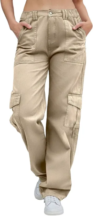 IFFEI Womens Cargo Pants High Waisted Wide Leg Trousers Baggy Multiple Pockets Hiking Pants