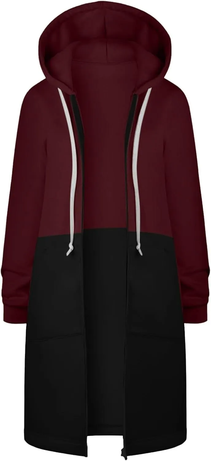 Jackets for Women Zip up Hoodies Y2K Knee Length Hooded Fleece Oversized Sweatshirts with Pockets Fall Outfits 2024