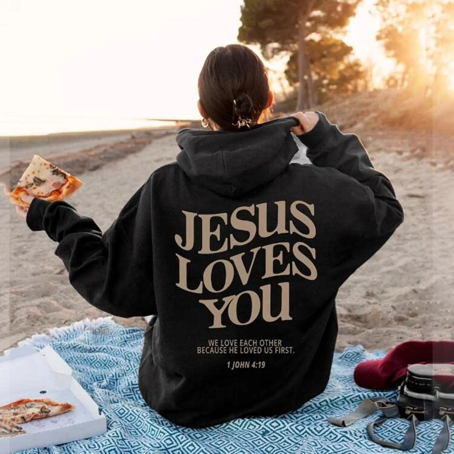 Jesus Loves You Sweatshirt for Women Casual Trendy Loose Fit Oversized Christian Sweatshirts Drawstring Pullover Y2k Hoodie