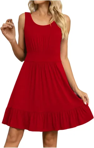 JOAU Women's Summer 2024 Beach Casual Sleeveless Crew Neck Tank Dress Loose Pleated Empire Waist Ruffle Hem Mini Sundress