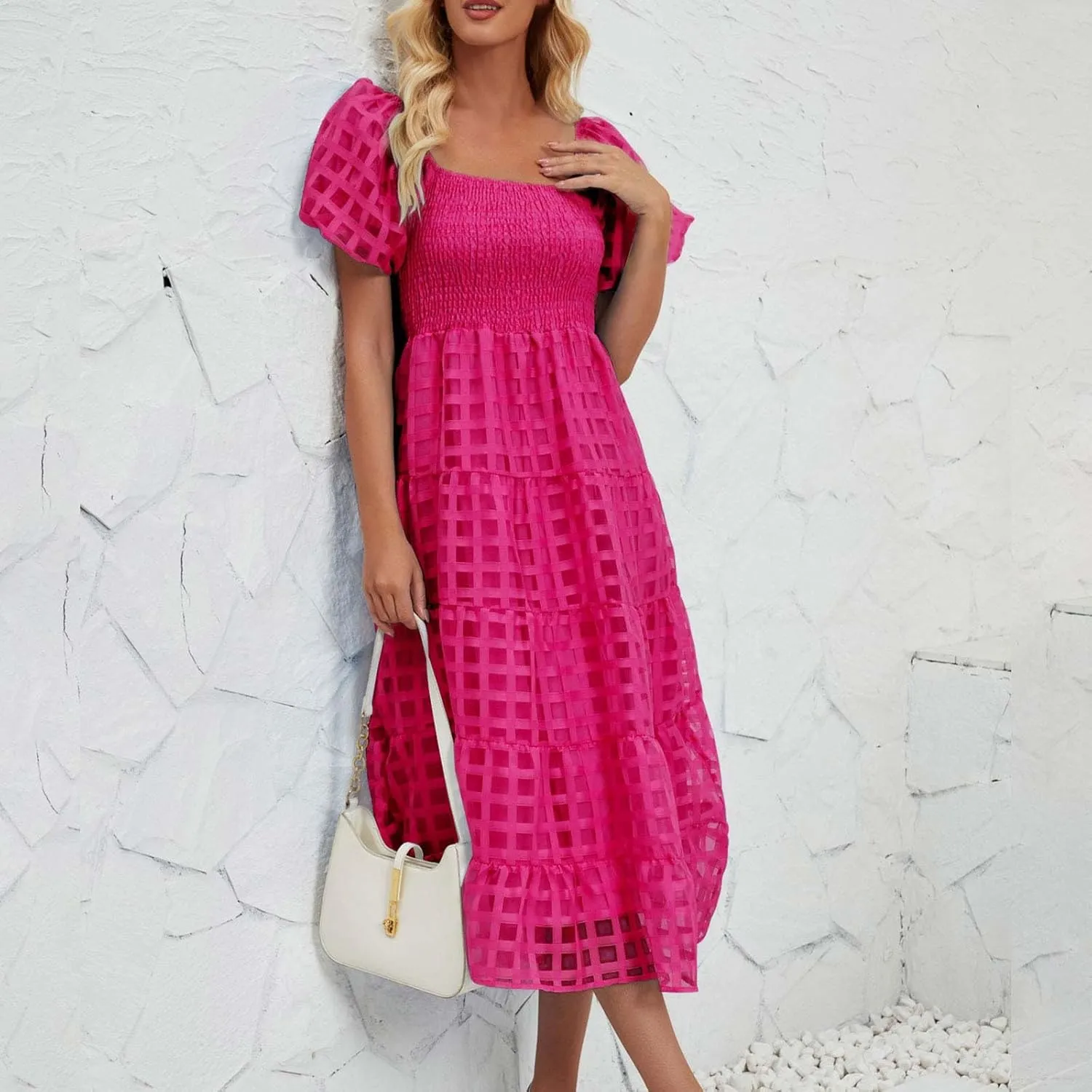 JOAU Women's Summer Off Shoulder Smocked Beach Dress Square Neck Puff Short Sleeve Swing Tiered Layered Ruffle Midi Dresses