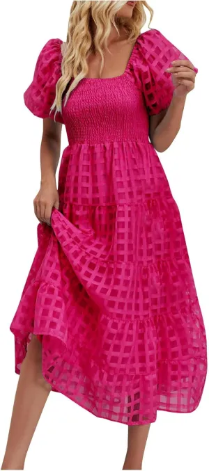 JOAU Women's Summer Off Shoulder Smocked Beach Dress Square Neck Puff Short Sleeve Swing Tiered Layered Ruffle Midi Dresses