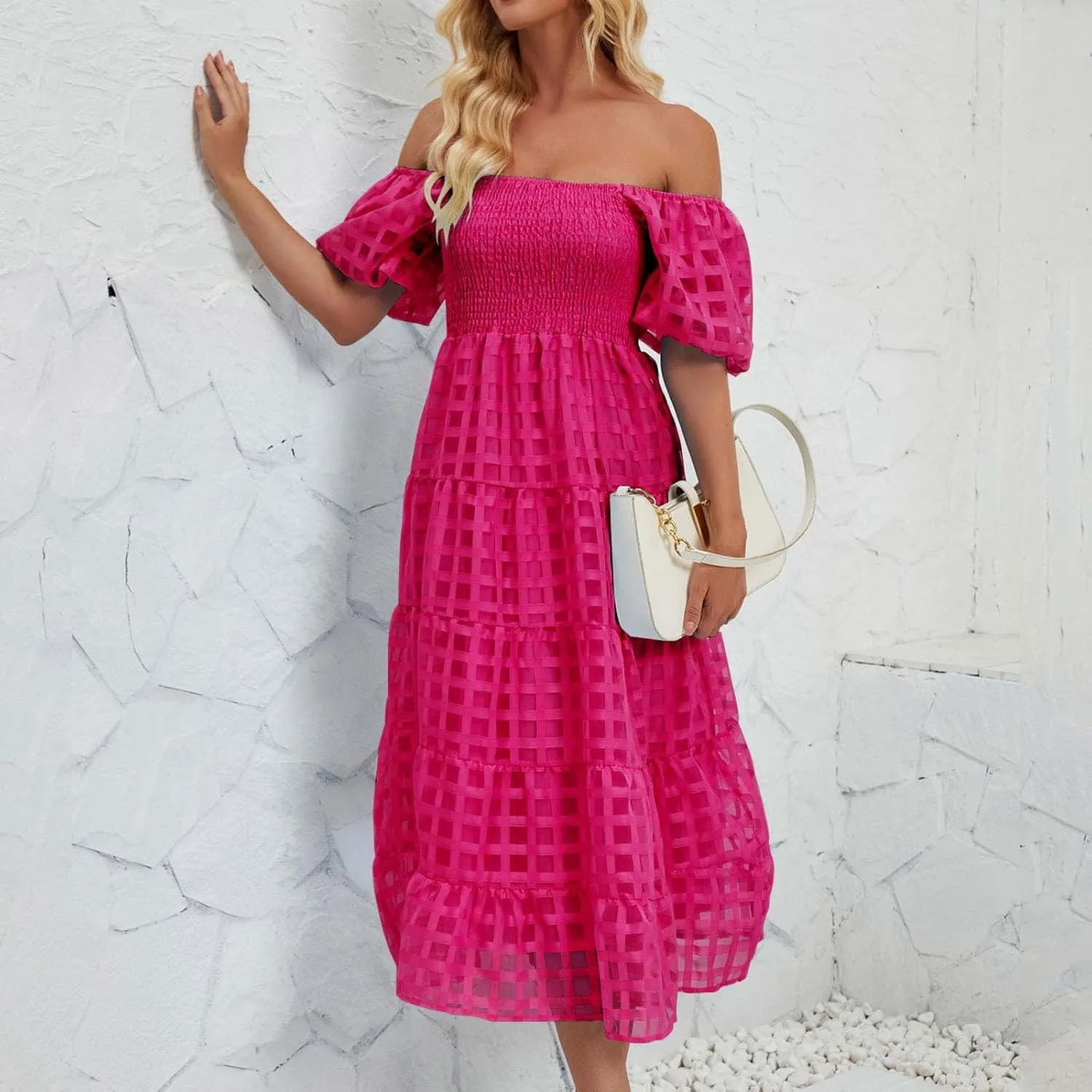 JOAU Women's Summer Off Shoulder Smocked Beach Dress Square Neck Puff Short Sleeve Swing Tiered Layered Ruffle Midi Dresses