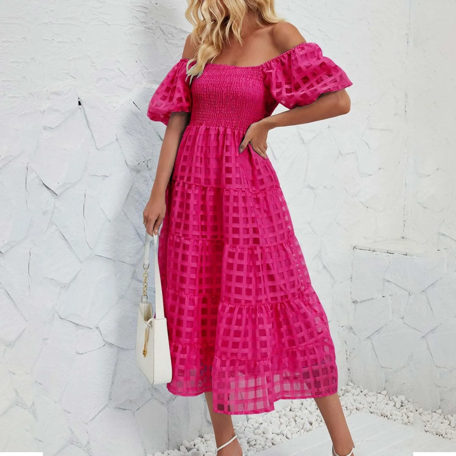 JOAU Women's Summer Off Shoulder Smocked Beach Dress Square Neck Puff Short Sleeve Swing Tiered Layered Ruffle Midi Dresses