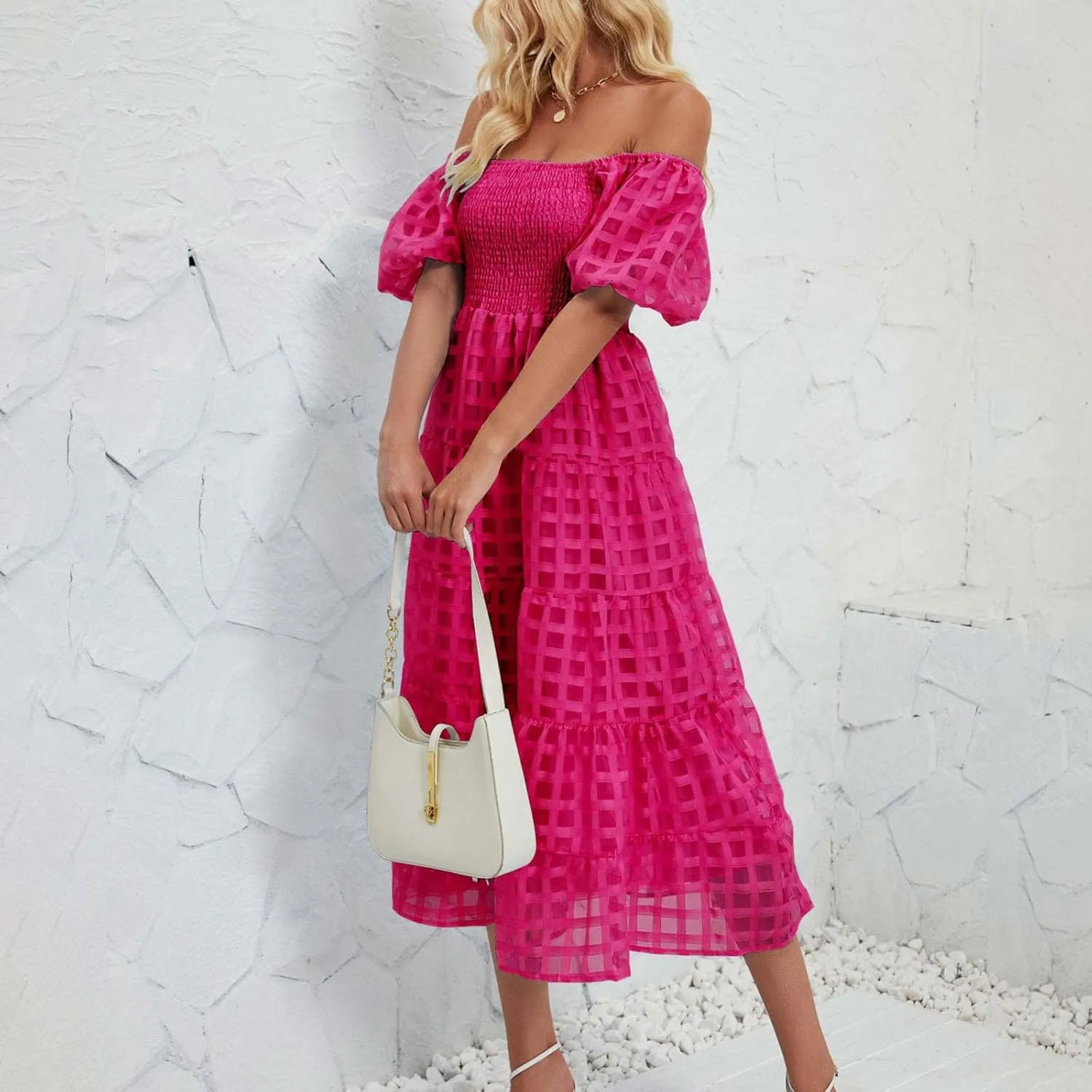 JOAU Women's Summer Off Shoulder Smocked Beach Dress Square Neck Puff Short Sleeve Swing Tiered Layered Ruffle Midi Dresses