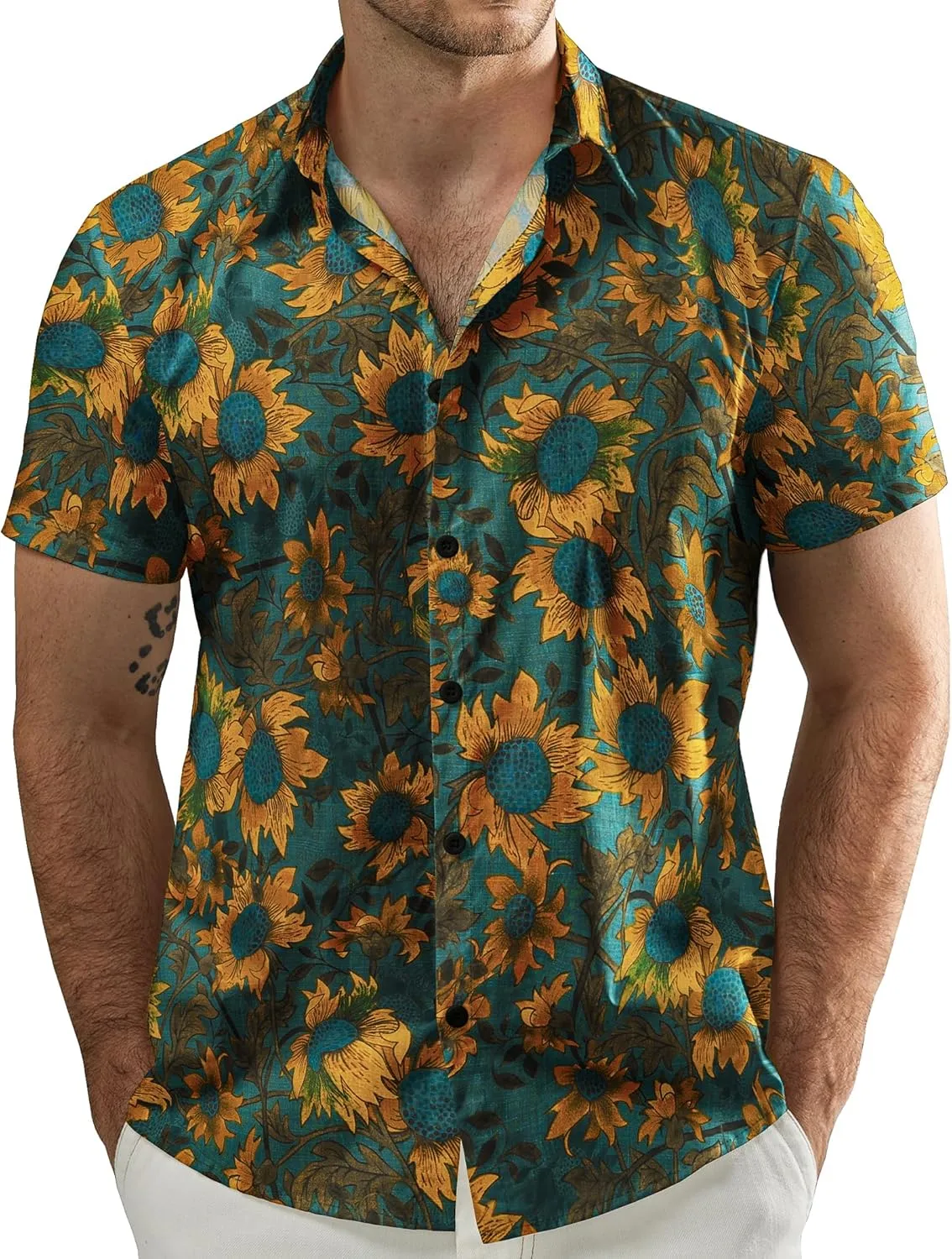 JOGAL Men's Flower Casual Button Down Short Sleeve Hawaiian Shirt
