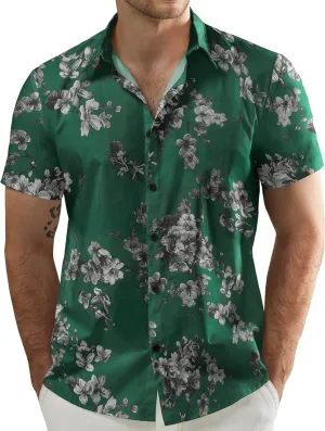JOGAL Men's Flower Cotton Button Down Short Sleeve Hawaiian Shirt