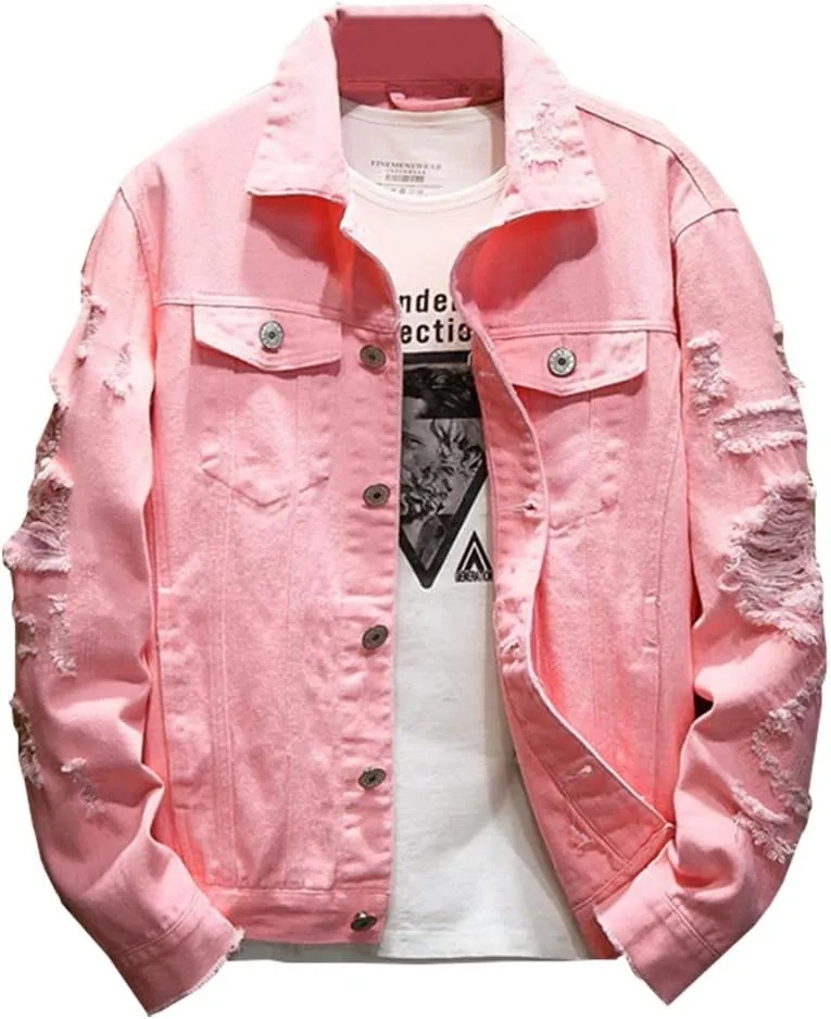 Kedera Distressed Denim Jacket Men's Button Down Denim Jacket Trucker Jean Coat